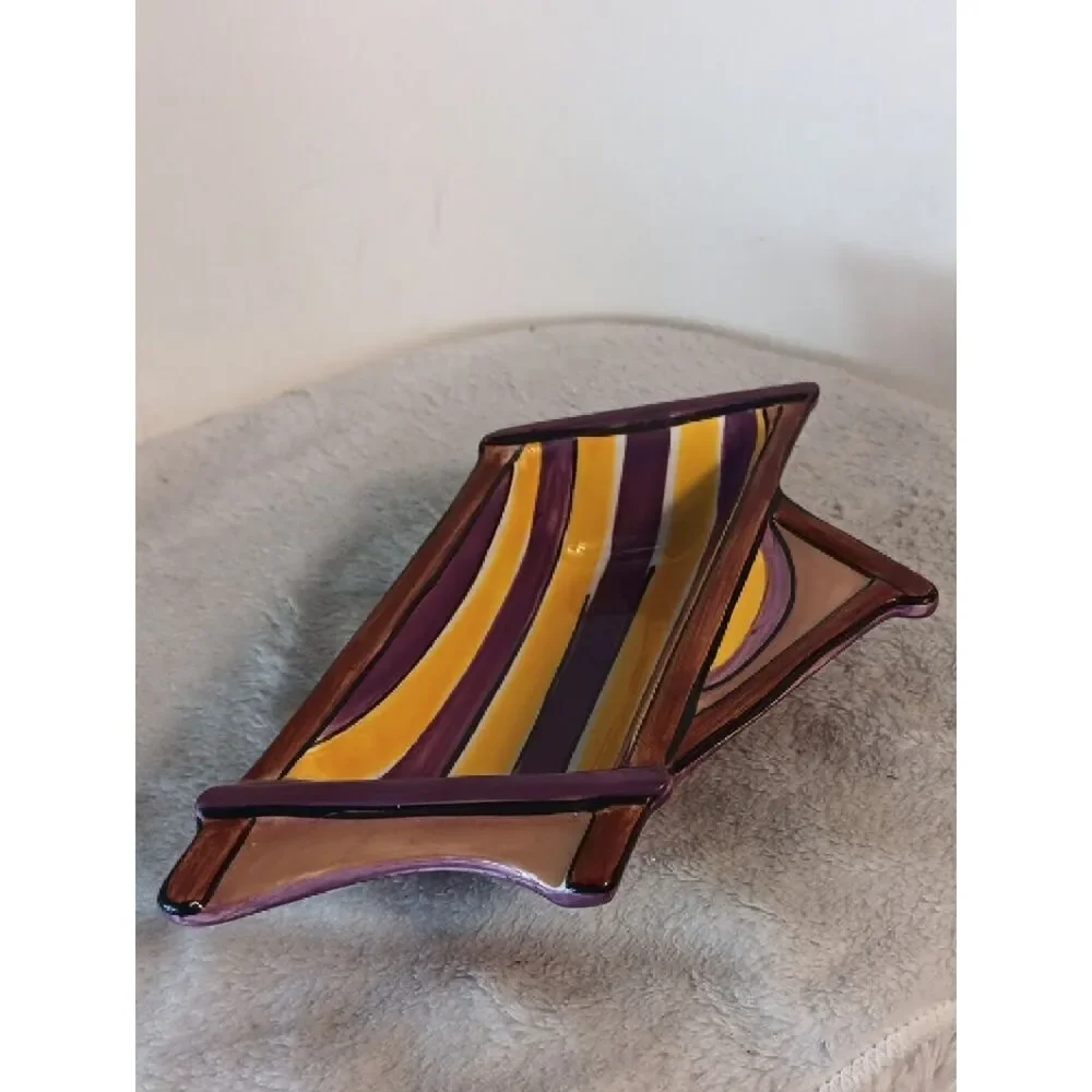 Clay Art Purple and Yellow Beachy Ceramic Snack Tray / Trinket Dish
